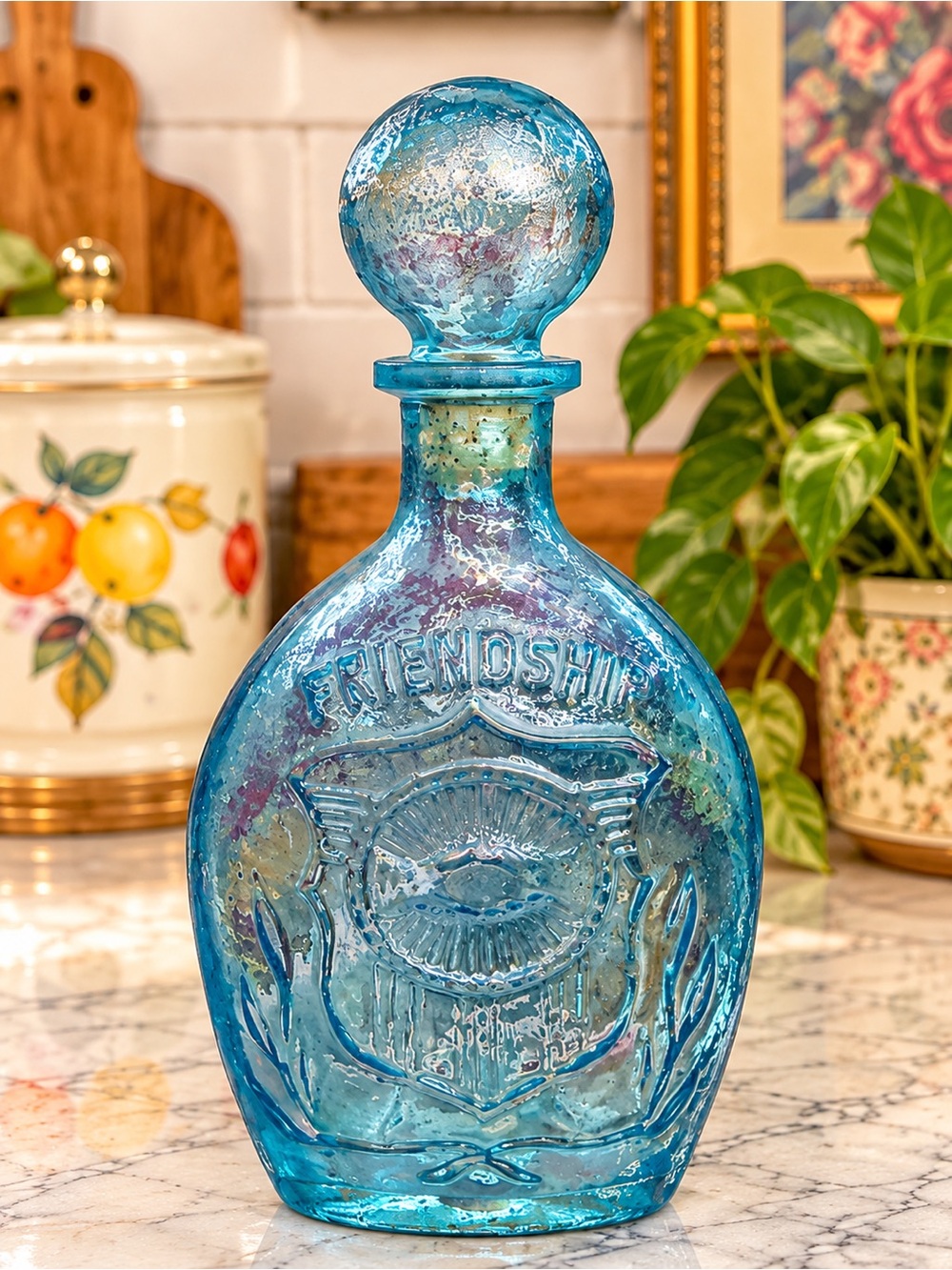 Lord Calvert Blue Glass "Friendship" 1960's Whiskey Decanter Cork Globe Stopper